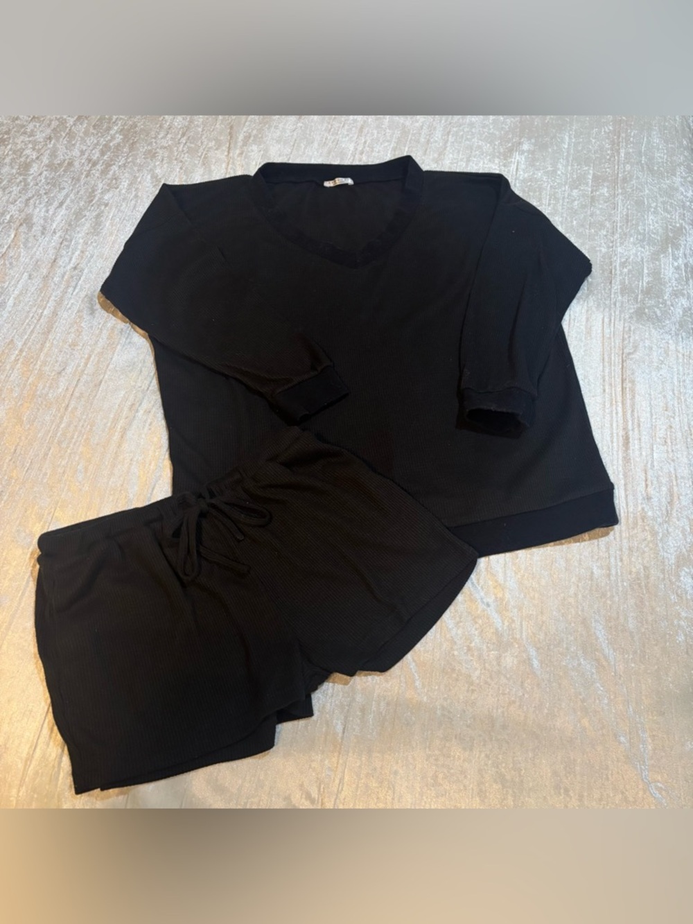 Black Ribbed V-Neck Loungewear Set - Cozy long sleeve Top & Drawstring Shorts